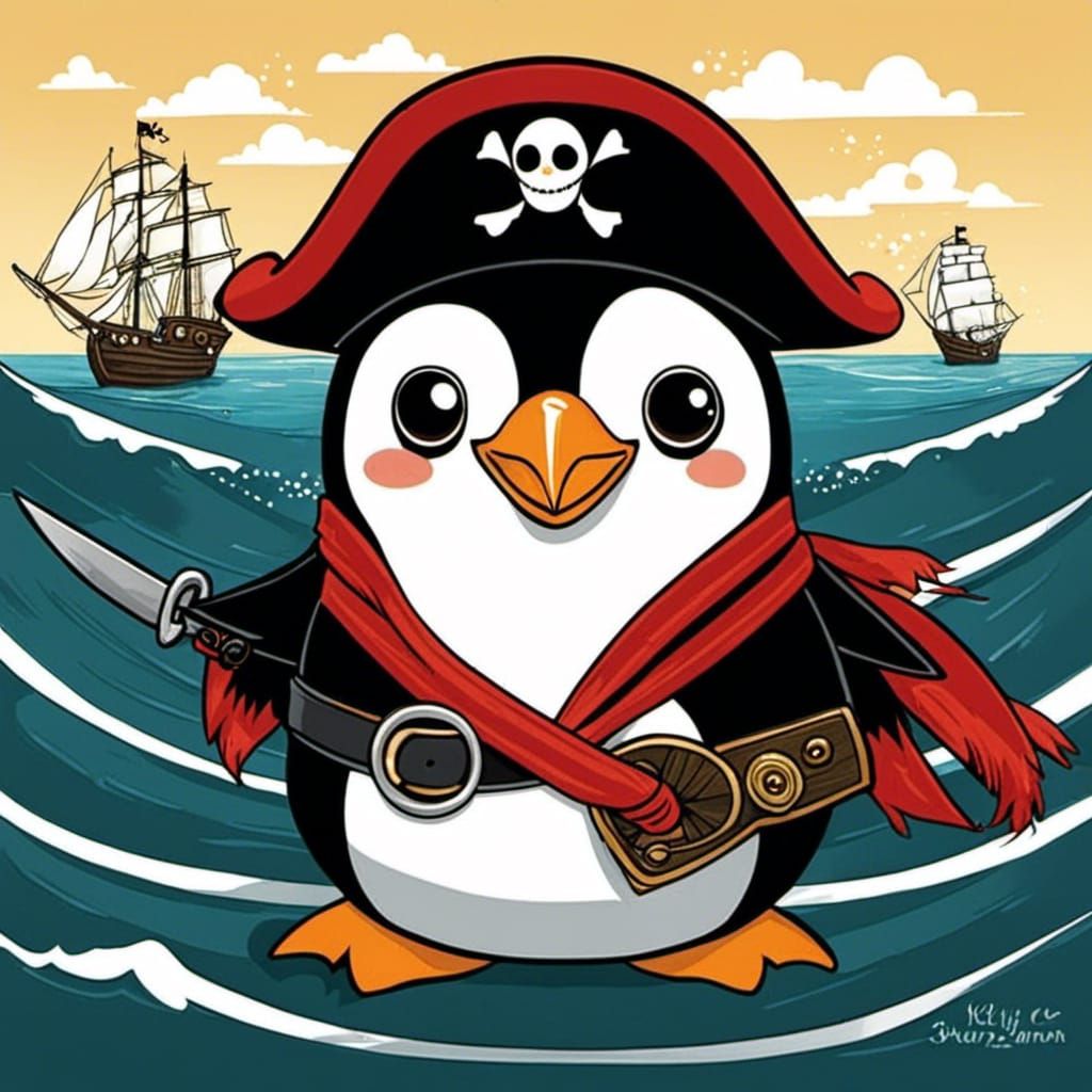 Penguin Pirate at Sea in Art Brut Style