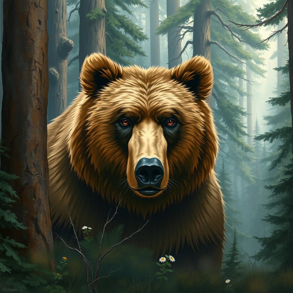 Enormous Grizzly Bear in Whimsical Forest Landscape