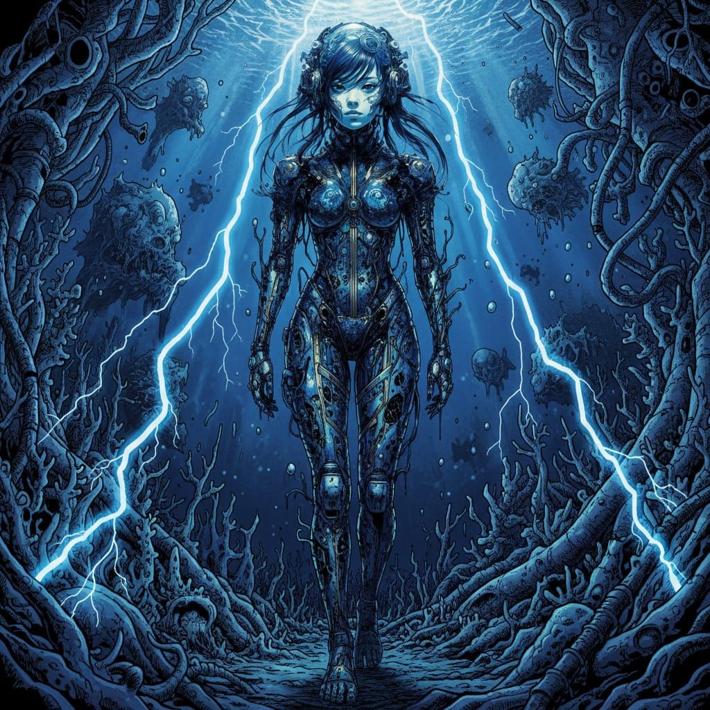 Cyberpunk Girl in Corroded Biomechanical Aquatic World