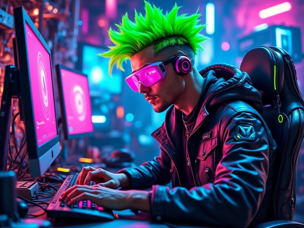 Cyberpunk Hero Typing Away in a Neon-Lit Lair