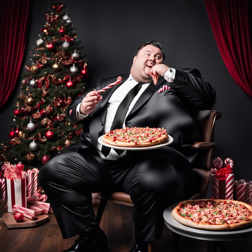 Festive Man Enjoys Candy Cane Pizza