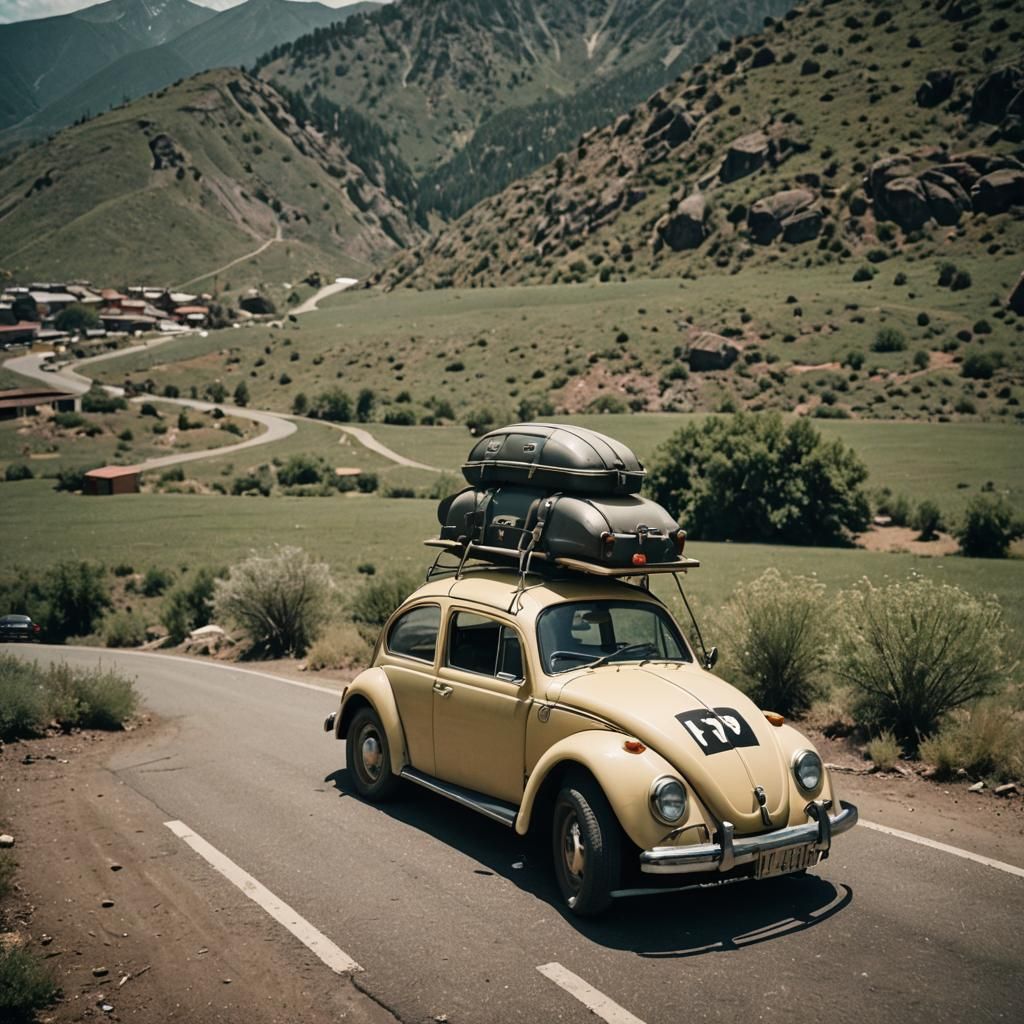Vintage Beetle with Suitcase and Travel Slogan