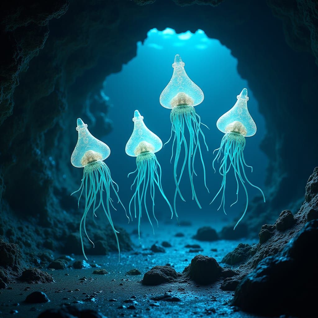 Bioluminescent Sea Squirts in a Surreal Cave