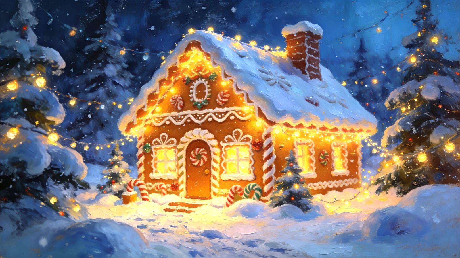 Textured Oil Painting of Gingerbread House with Blinking Lig...