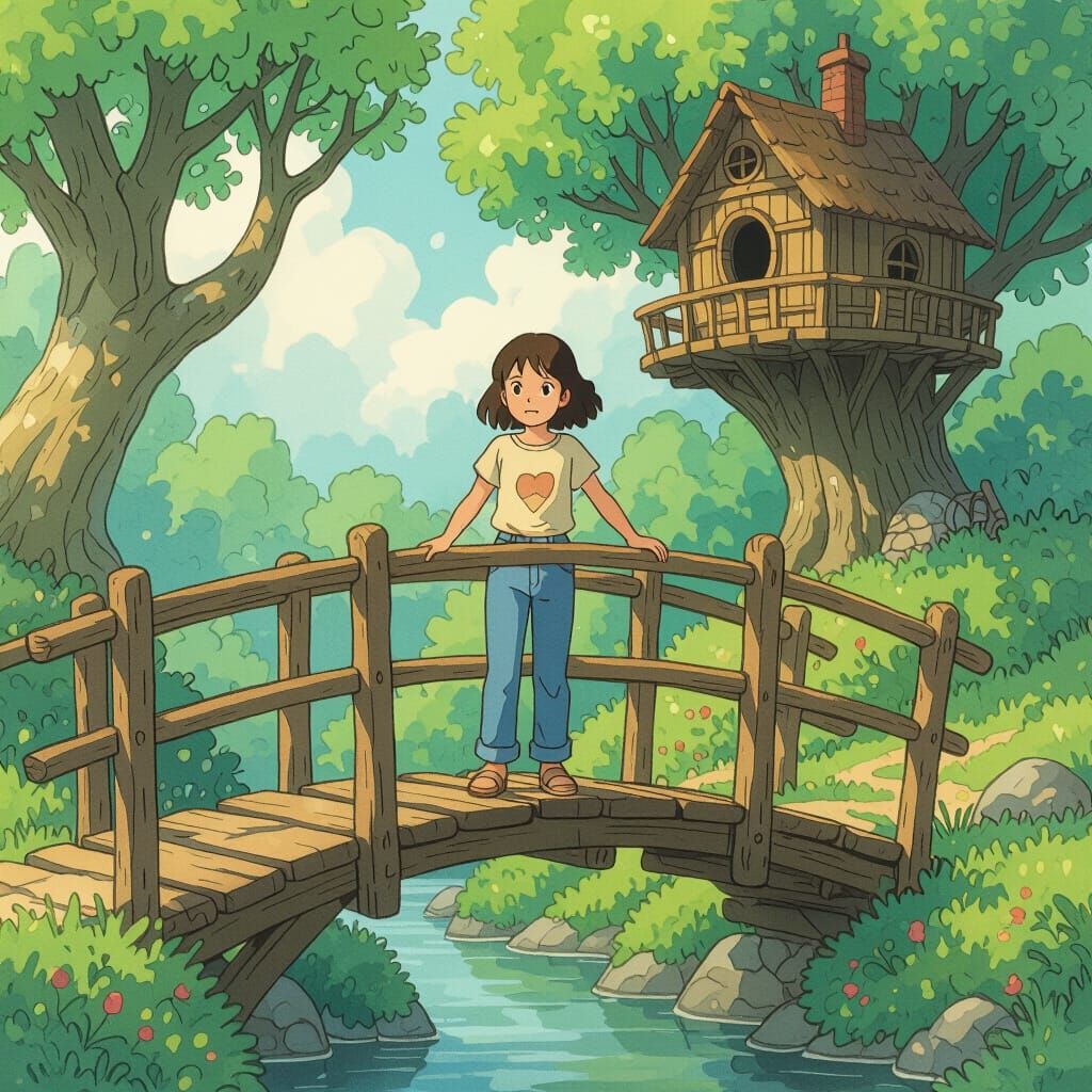 Girl on Bridge in Whimsical Storybook Style