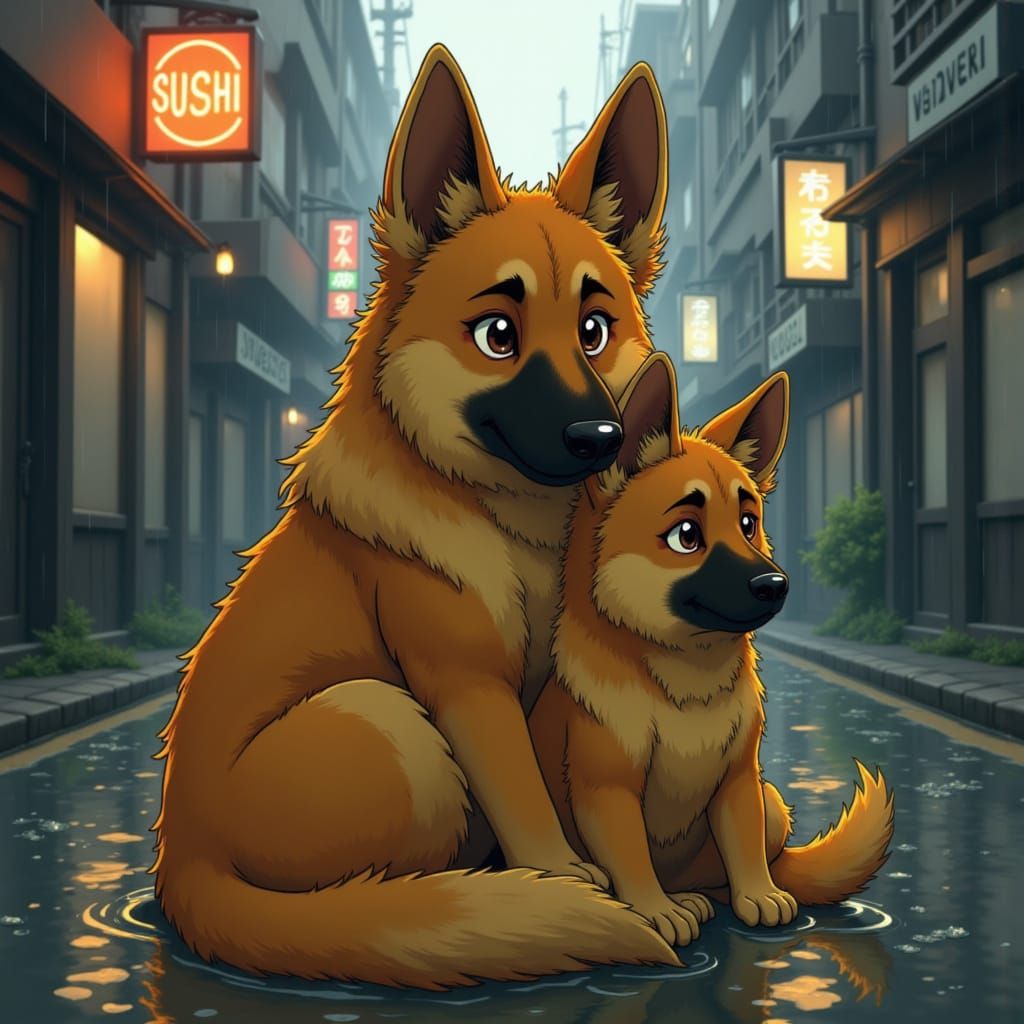 <lora:Painterly Ghibli:1.0> German shepherd dog  lovingly sheltering her German shepherd puppy from the rain.  Emotional...