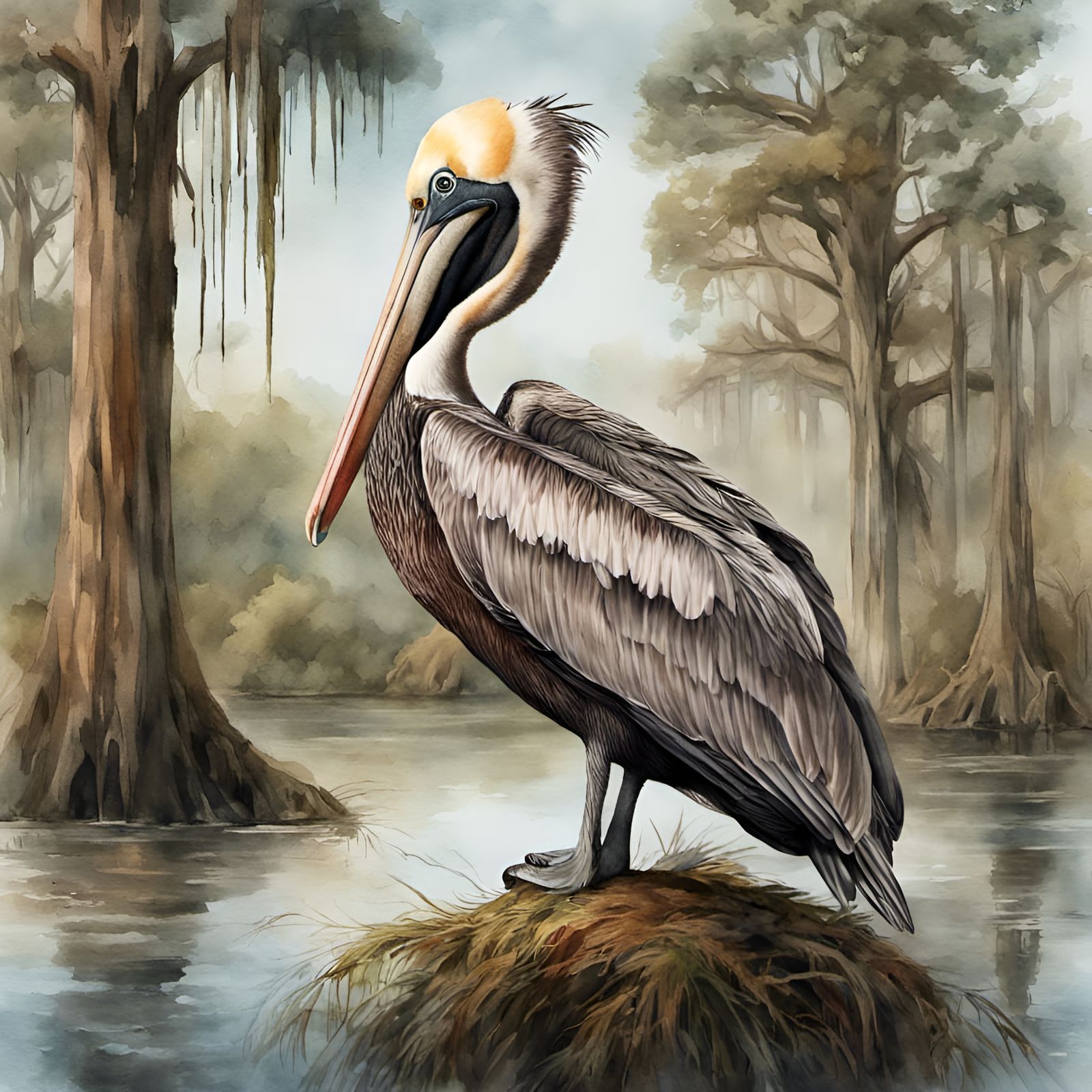 Louisiana Brown Pelican Portrait in Watercolor Style