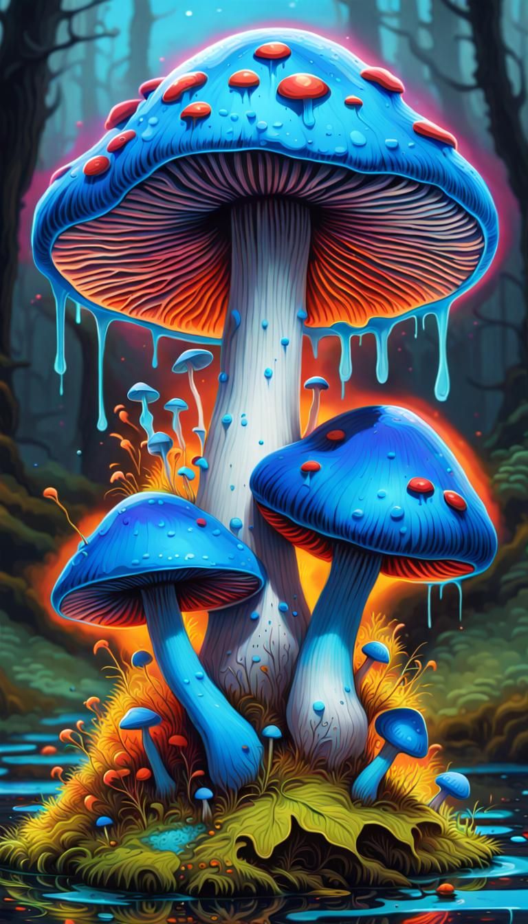 Surreal Glowing Mushrooms in Graffiti Art Style