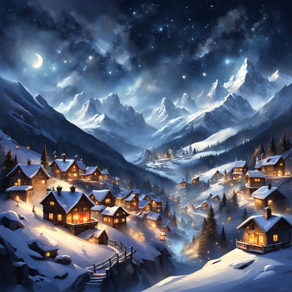 Snowy Alpine Village at Night