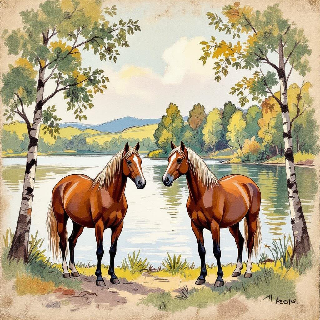 Palomino Horses by a Serene Lake in Colored Pencil Sketch