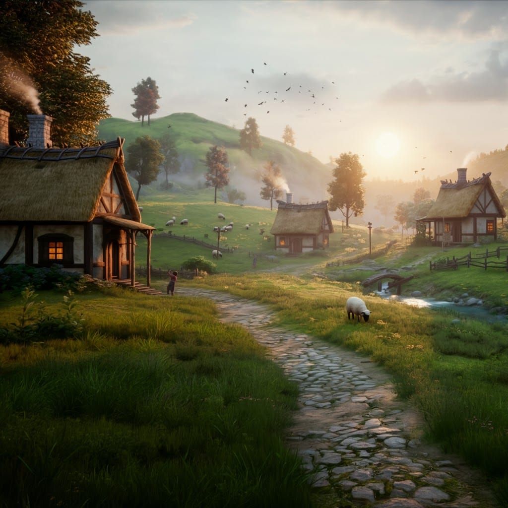 Serene Village at Sunset in Lush Green Valley