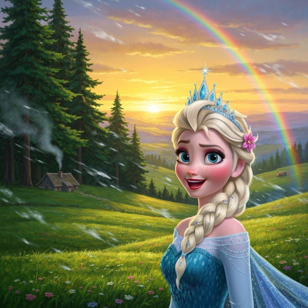 Elsa in Magical Sunset Landscape, Painted Style