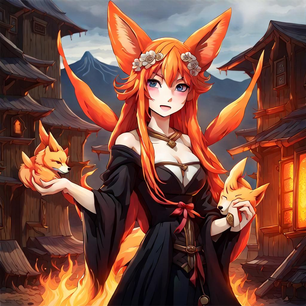 Gothic Fairy-Kitsune Above Volcanic Town as 3D Art