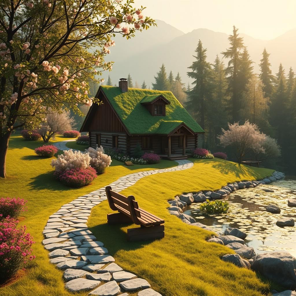 Idyllic Mountain House with Lush Garden in Photorealistic St...