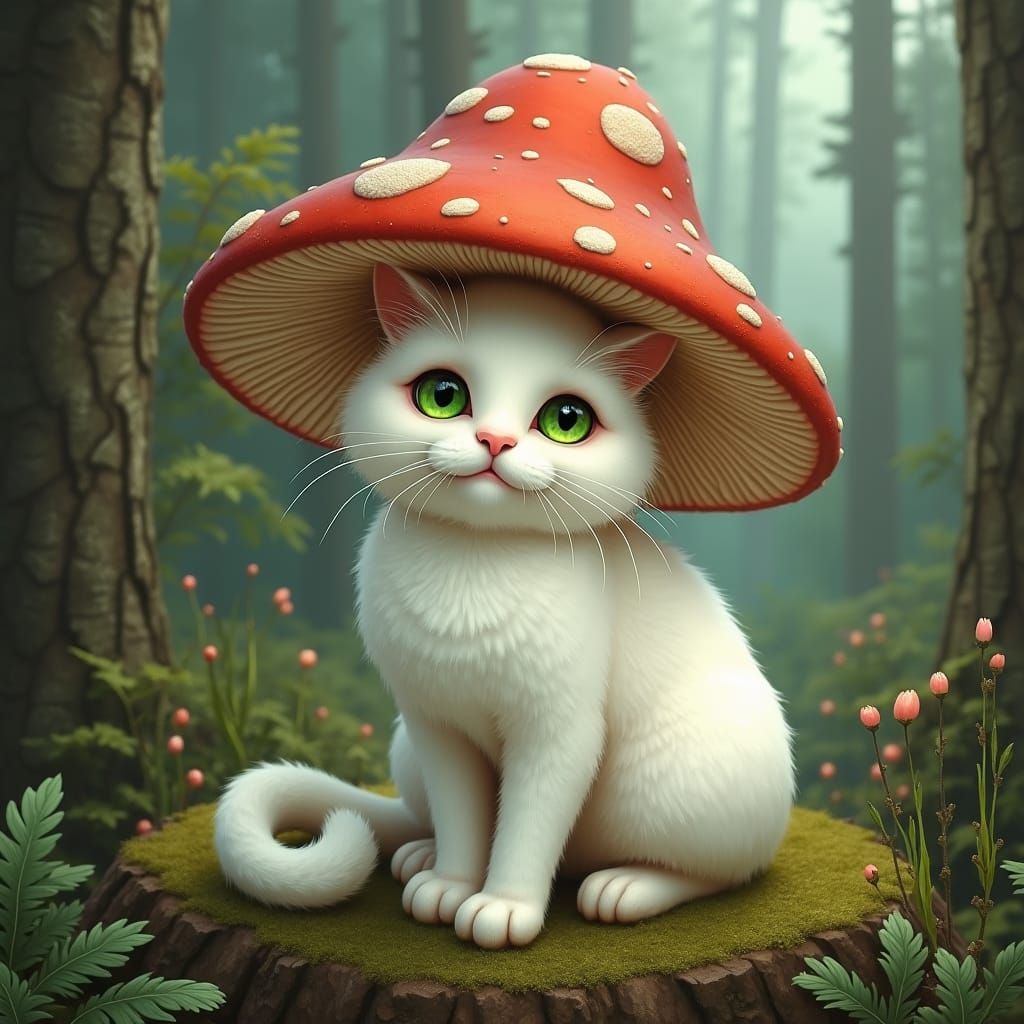 White Cat in Mushroom Hood, Mystical Forest
