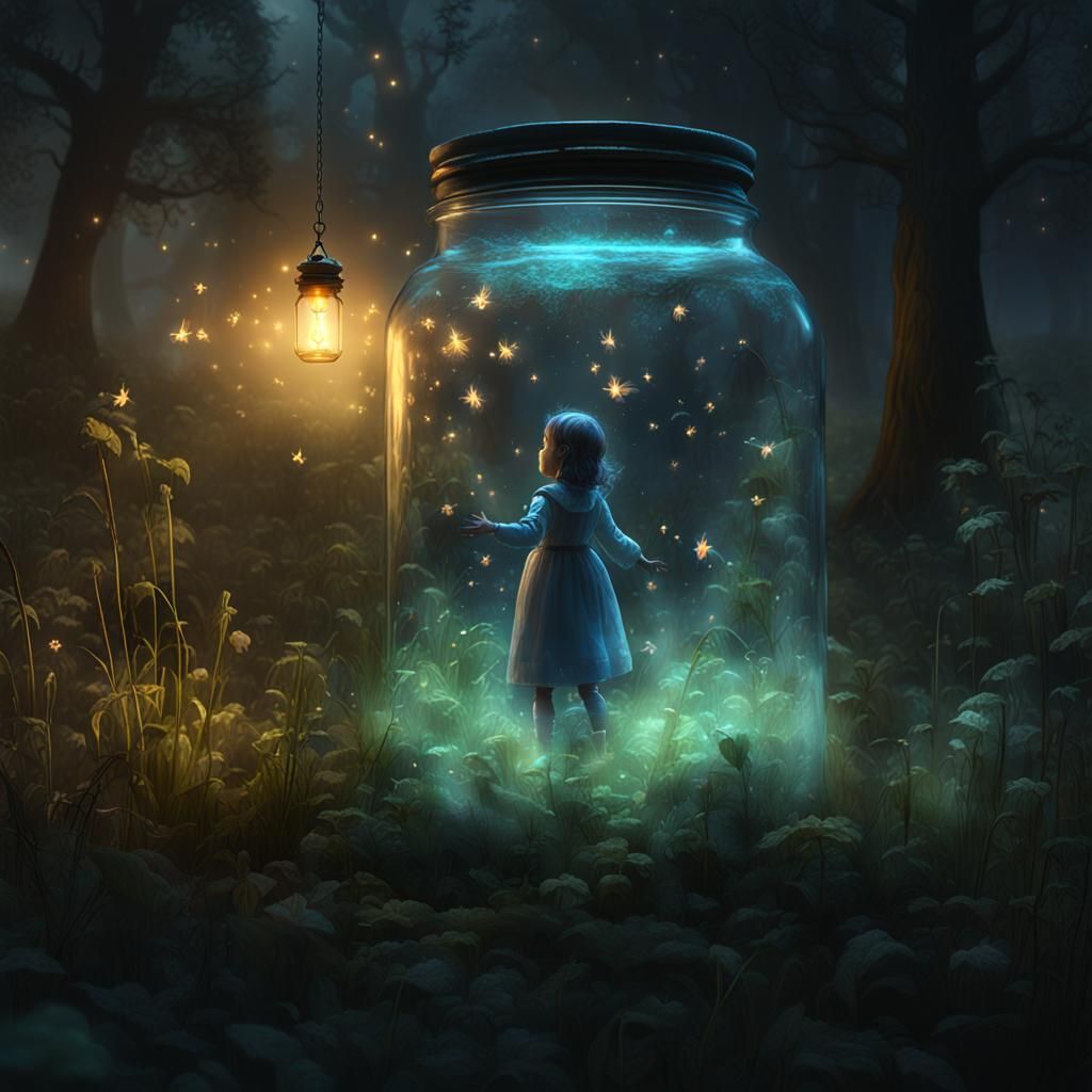 Ghostly Child Catches Fireflies in Night Meadow
