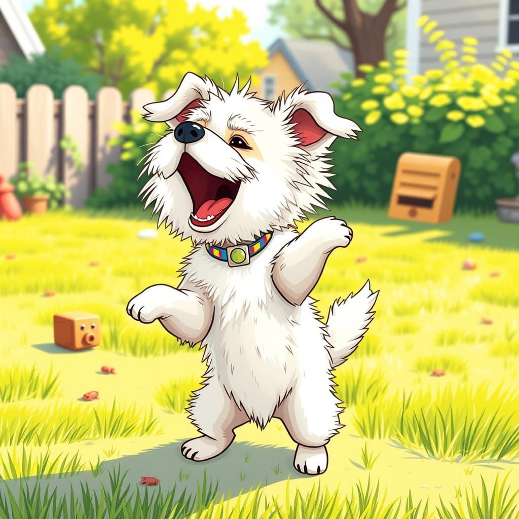 Playful Fluffy Dog in a Sun-Drenched Backyard