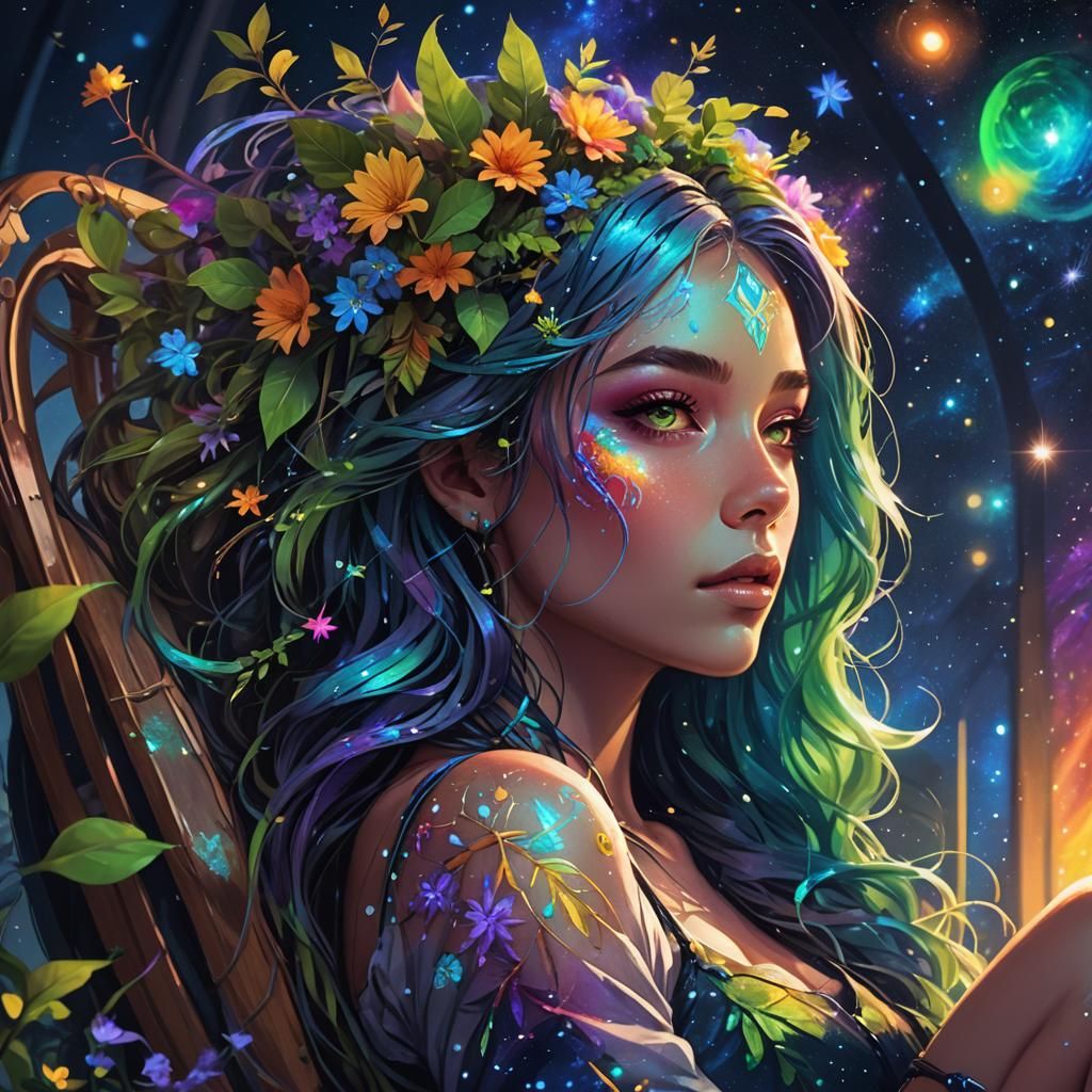 Fantasy Galaxy Girl Portrait with Rainbow Hair