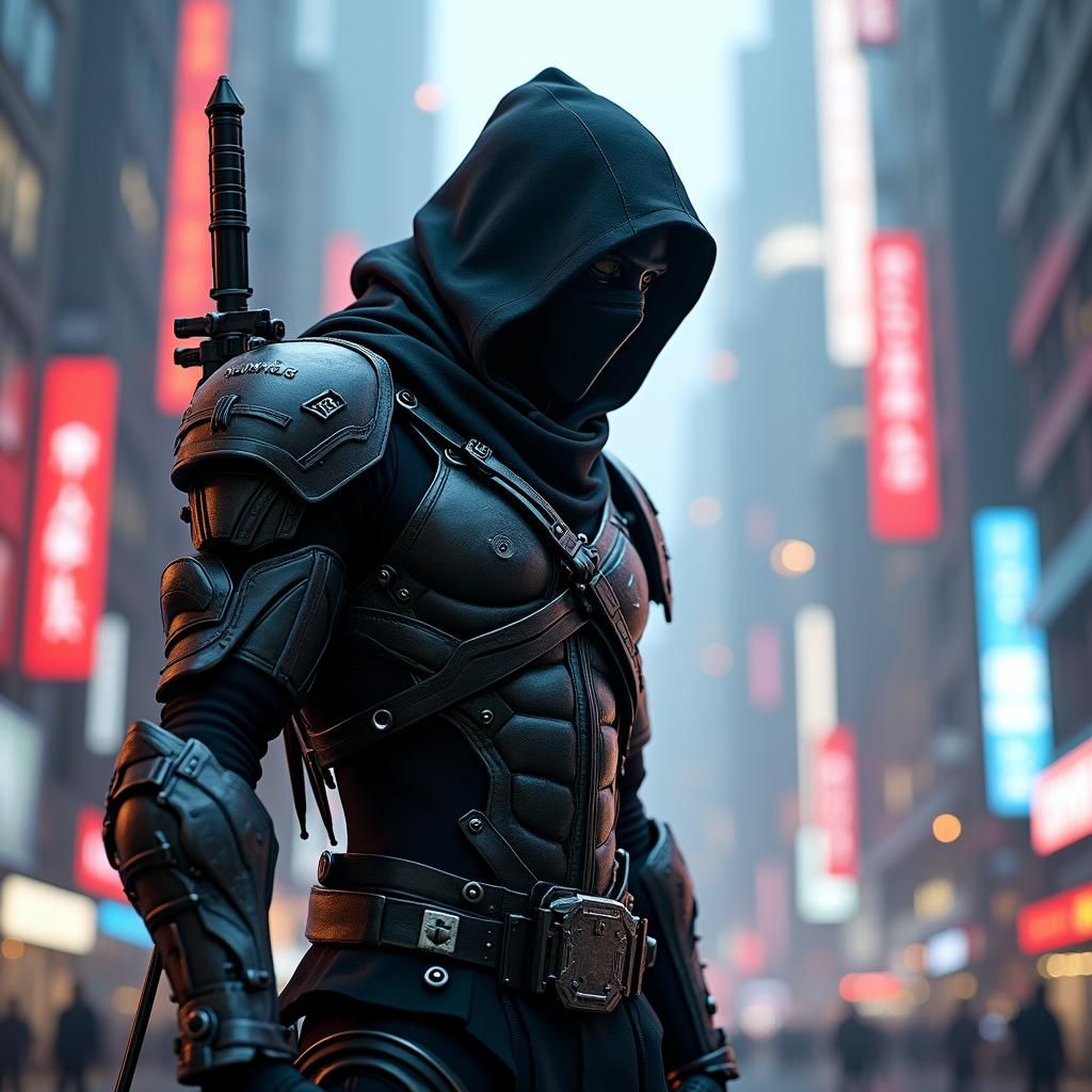 Cyberpunk Ninja Hiding in Futuristic Cityscape