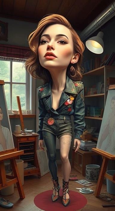 Anime Painter's Studio with Surrealist Portrait