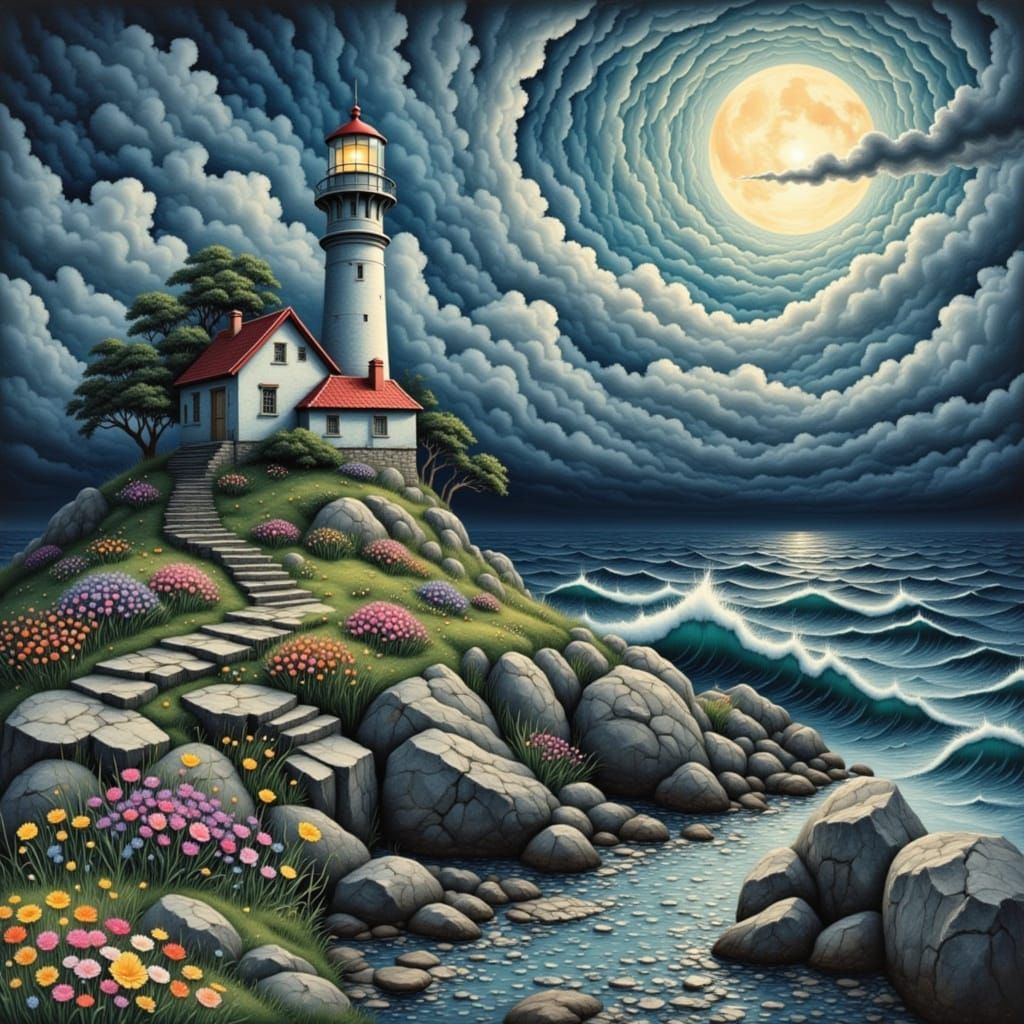 Lighthouse Overlooking Stormy Sea at Night
