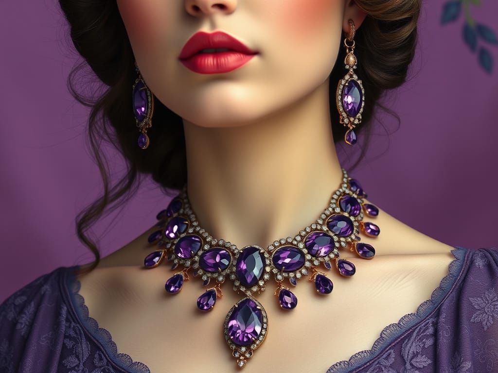 Regal Woman in Opulent Art Nouveau Amethyst Jewelry