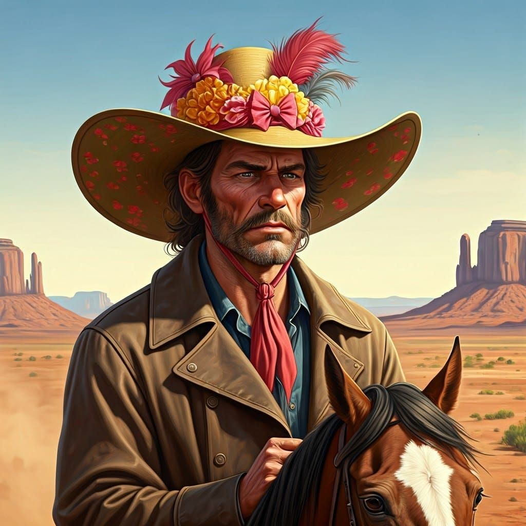 Outlaw's Absurd Bonnet Ride in Western Landscape