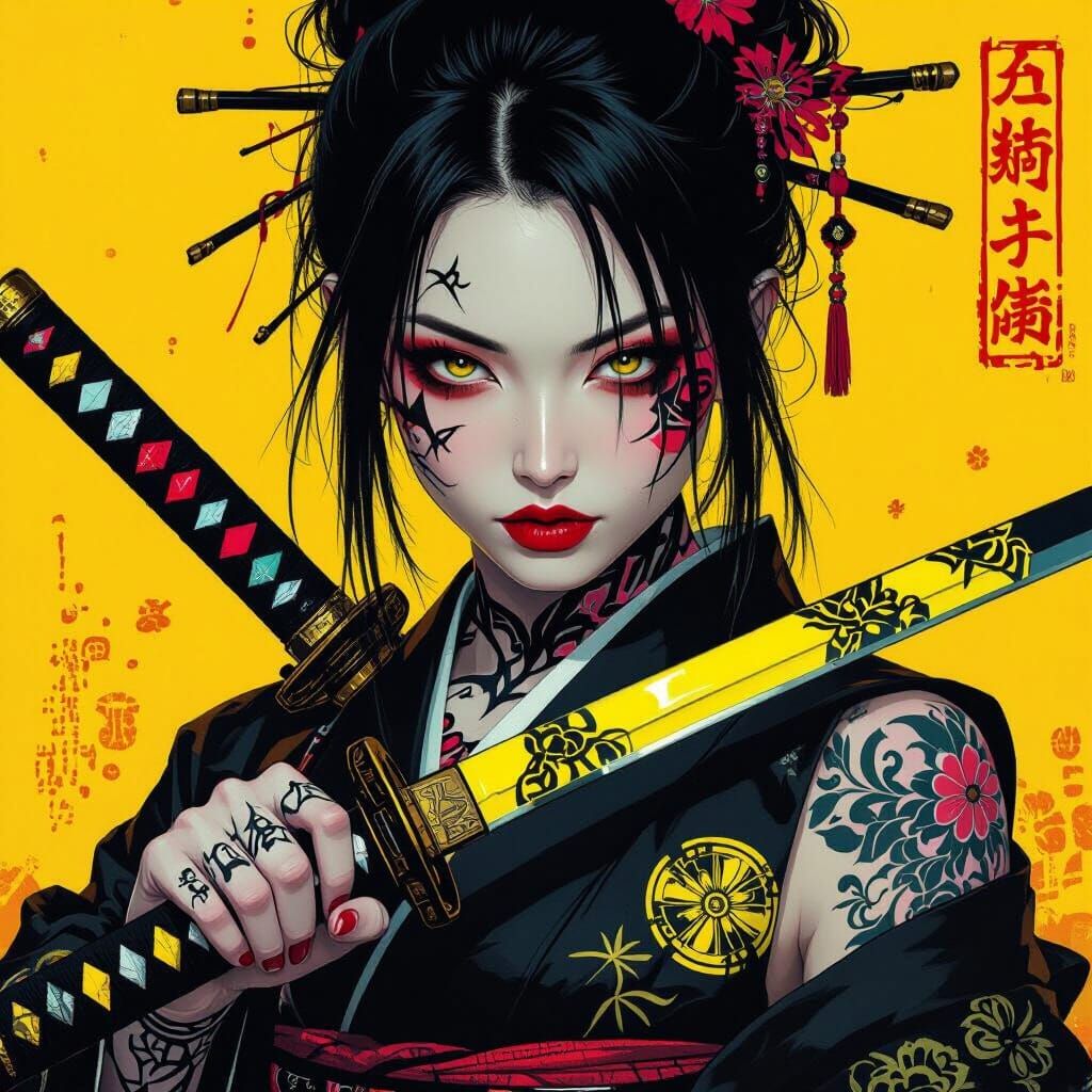 Gothic Punk Japanese Woman with Katana, Anime Art
