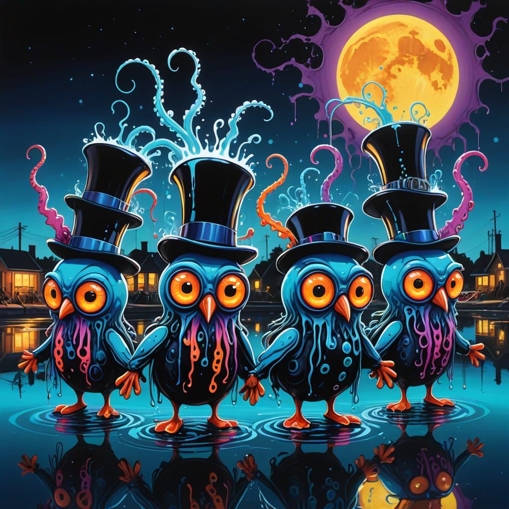 Neon Squid Ballet on Moonlit Lake in Graffiti Art