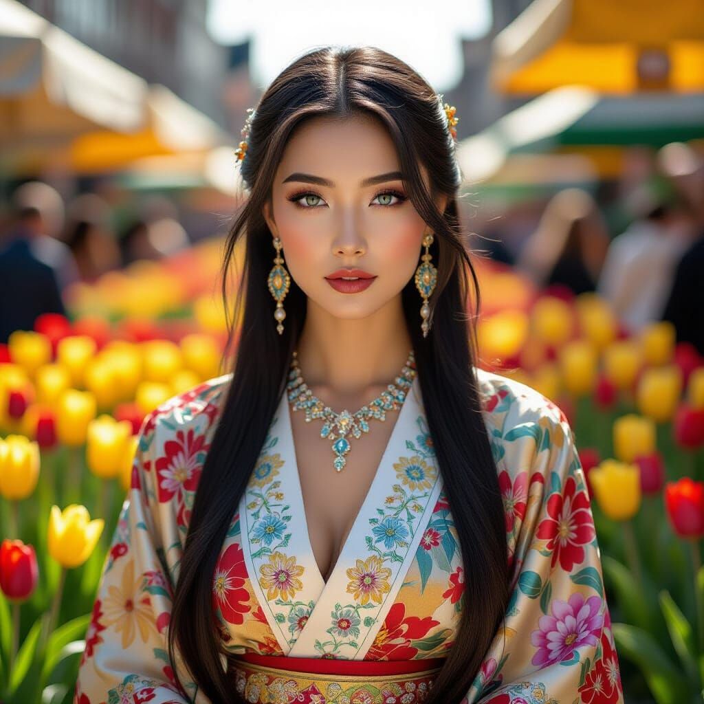 Chinese Woman in Amsterdam Flower Market: Hyperrealistic Art