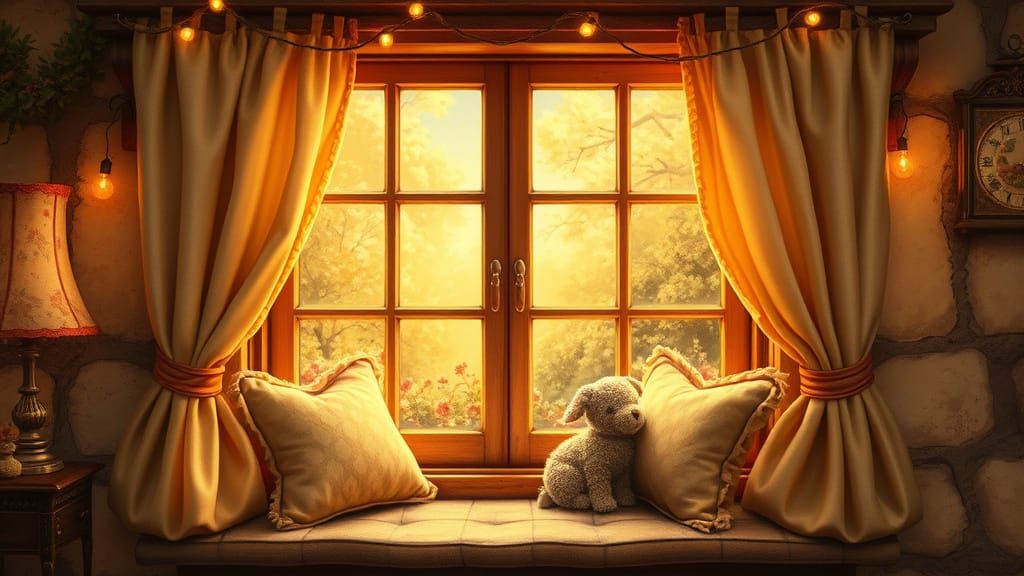Cozy Window Scene in Whimsical Storybook Style