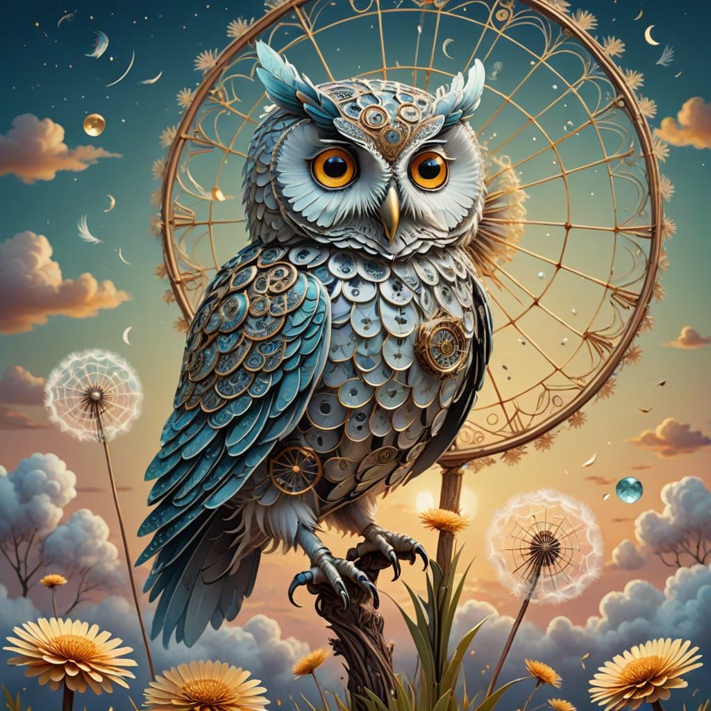 Clockwork Owl Perched on Floating Dandelion Seed