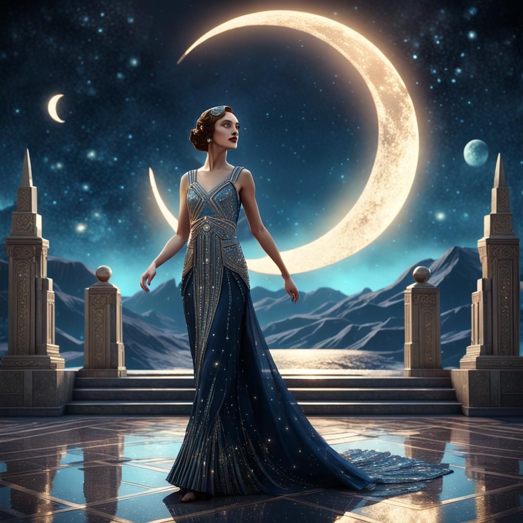Art Deco Woman Under a Celestial Moonlit Sky