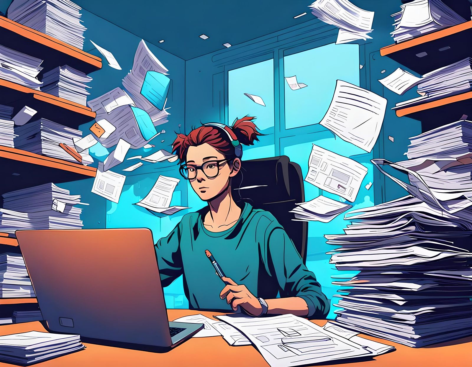 Manager Multitasking at Home in Anime Cyberpunk Style