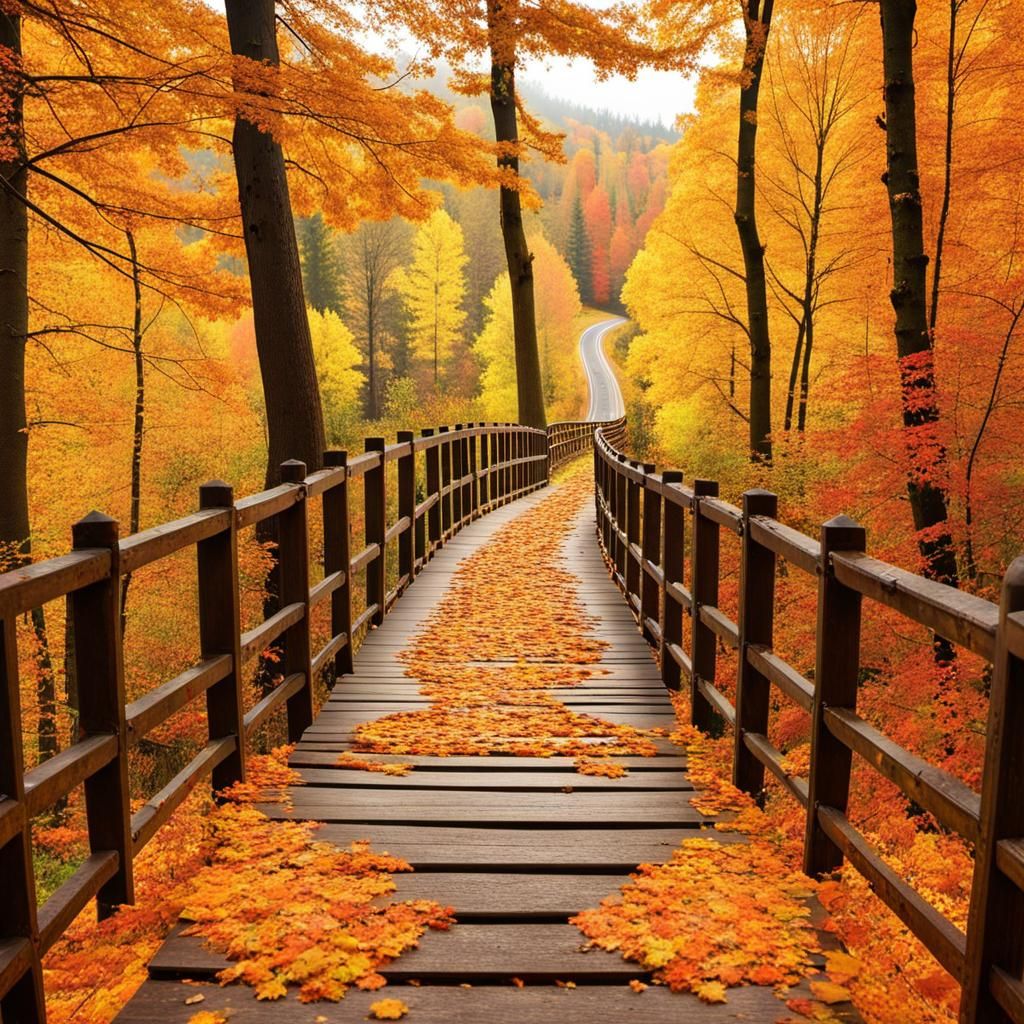 Autumn Forest: Wooden Bridge on a Sunny Day