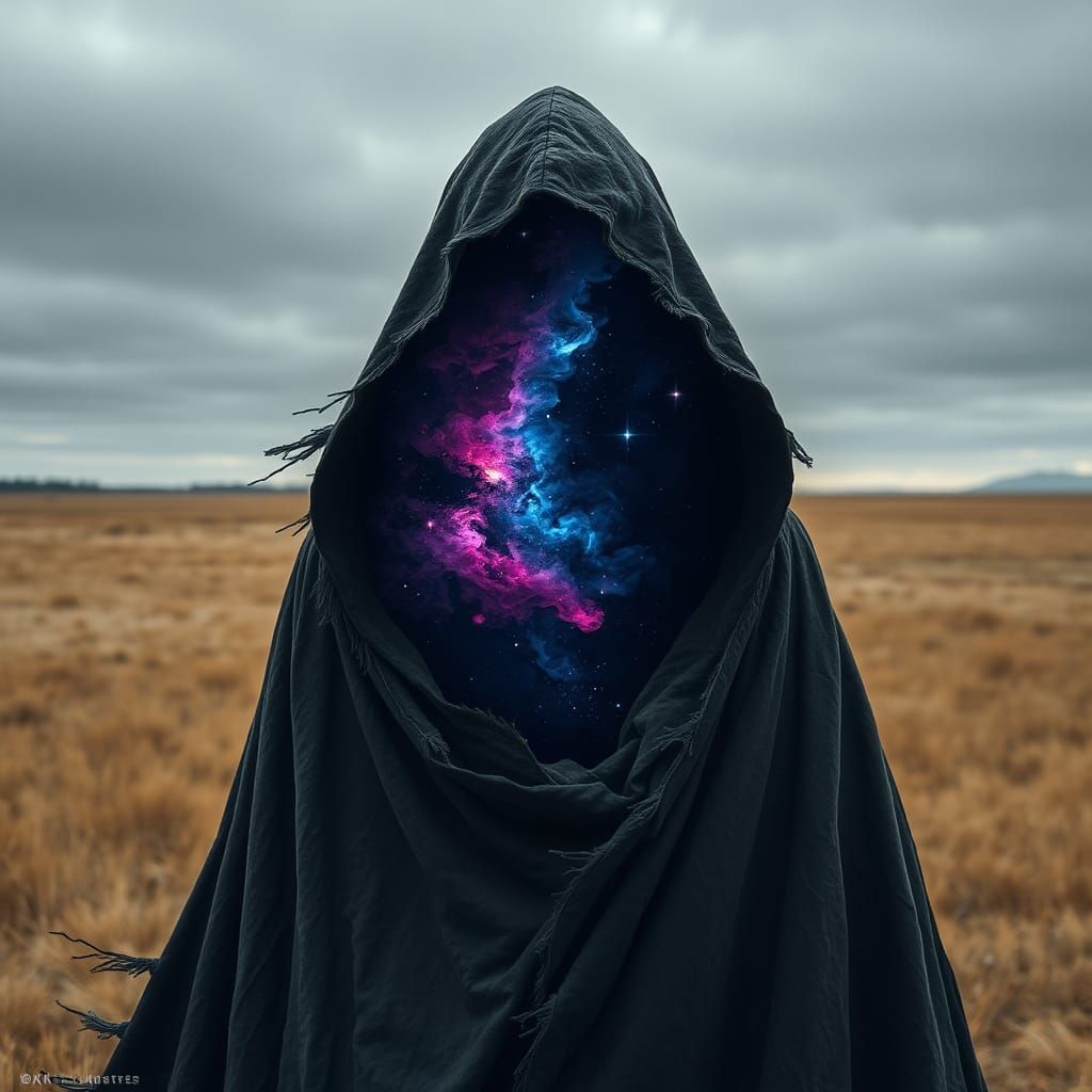 Mysterious Cloaked Figure with Cosmic Hood