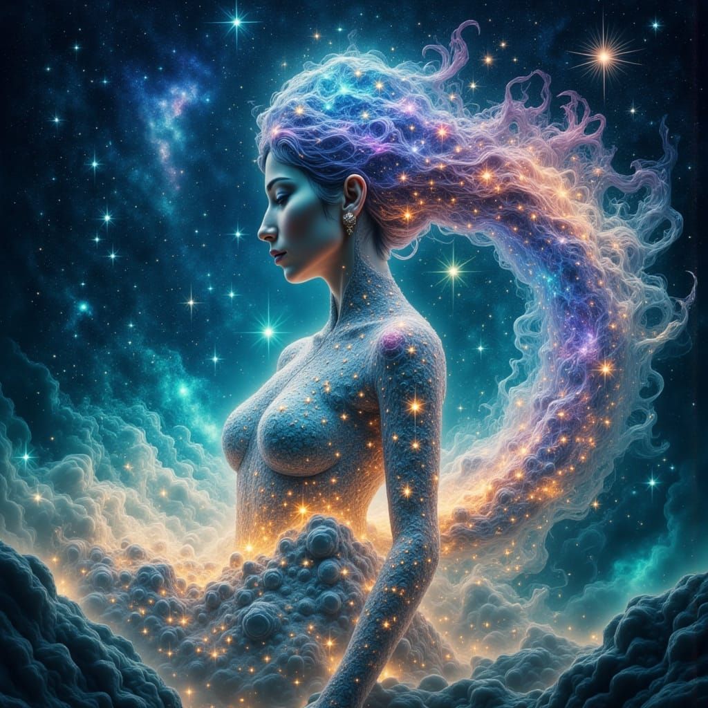 Celestial Woman Among Stars in Dreamy Digital Art