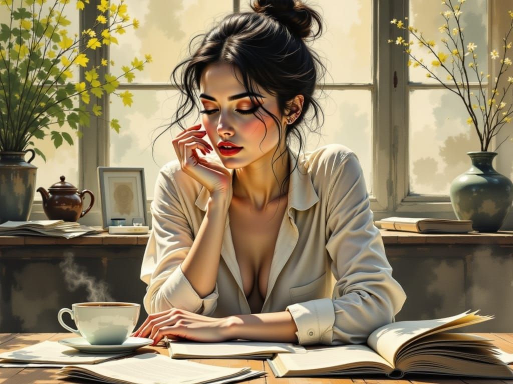 A Watercolor Portrait of a Woman at Her Desk