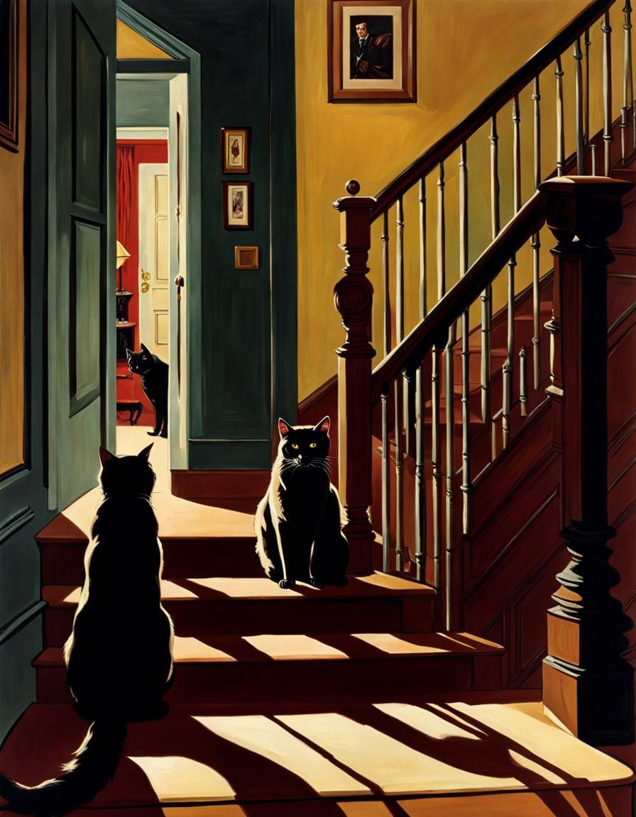 Cat Plots Against Dog in Surreal 1950s Style