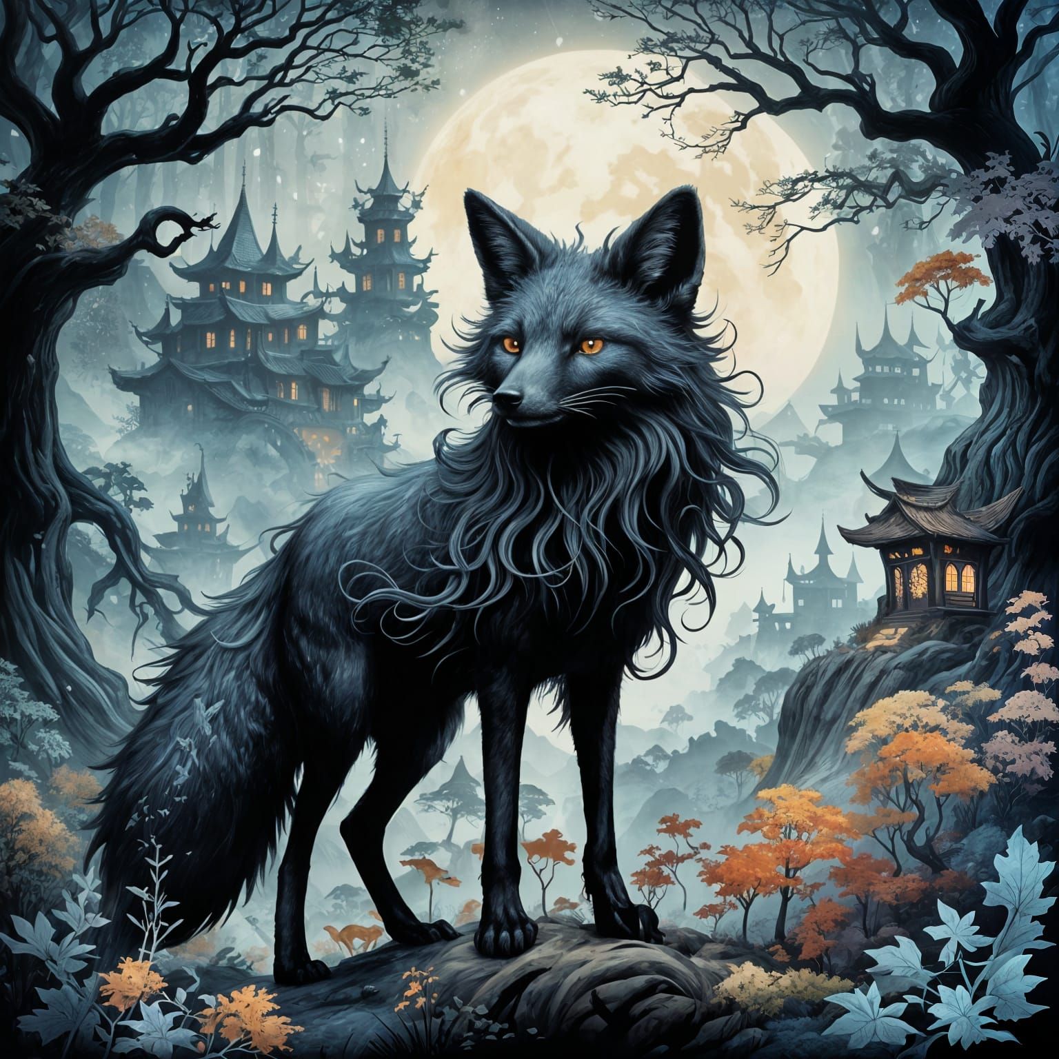 Enigmatic Silhouette Fox Stands Watch Over Vibrant Kingdom