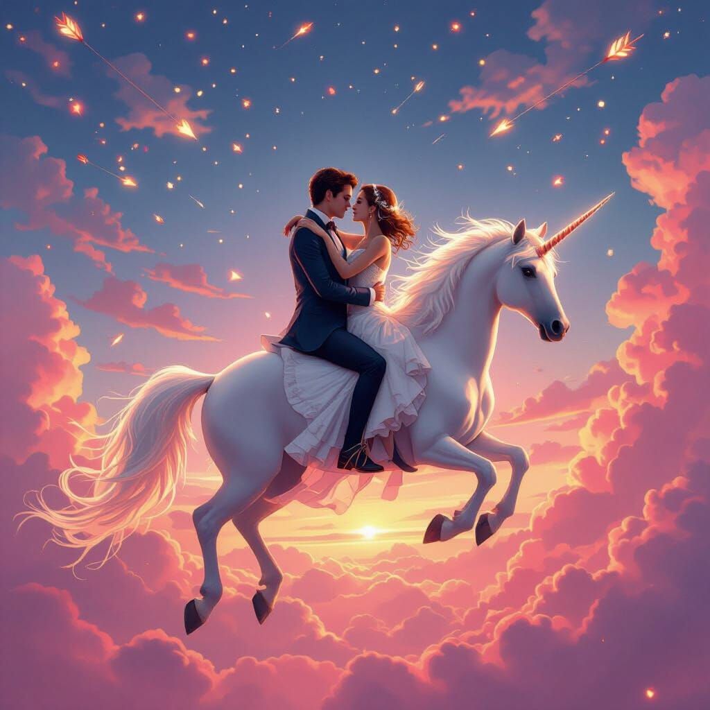 Couple in Love on Flying Unicorn in Dreamy Skies