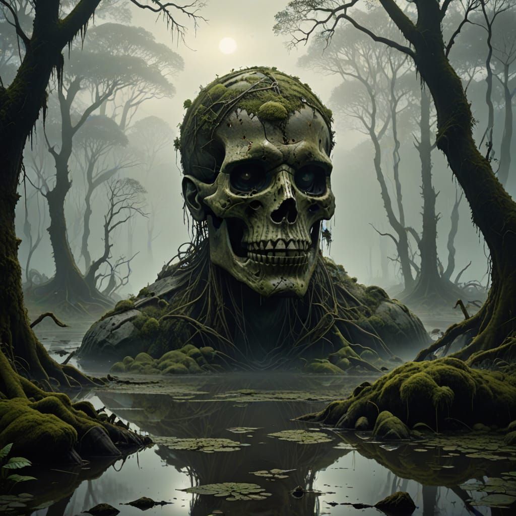 Colossal Stone Head in Misty Swamp