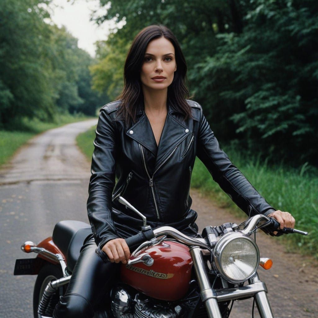 Famke Janssen in Cinematic Biker Leather Suit