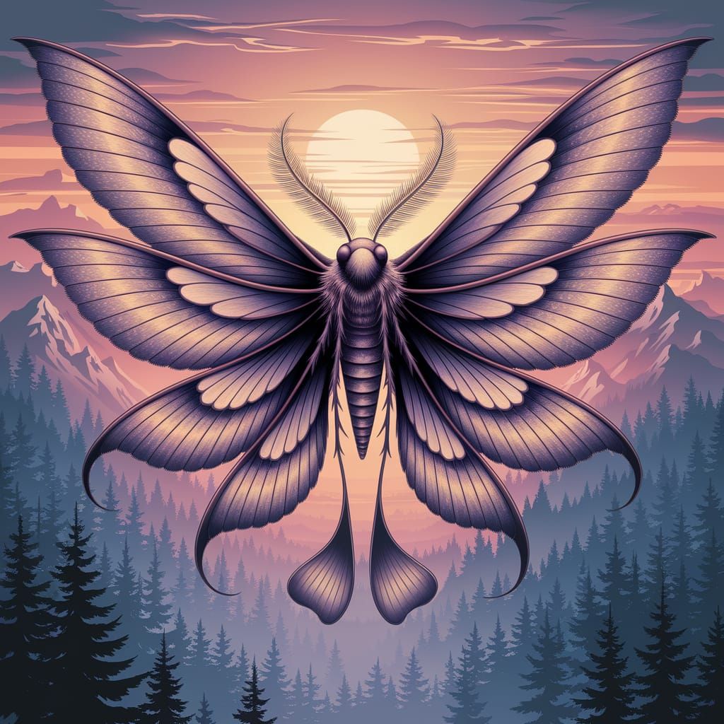 Fantasy Moth with Ten Elaborate Wings Takes Flight in Sunset...