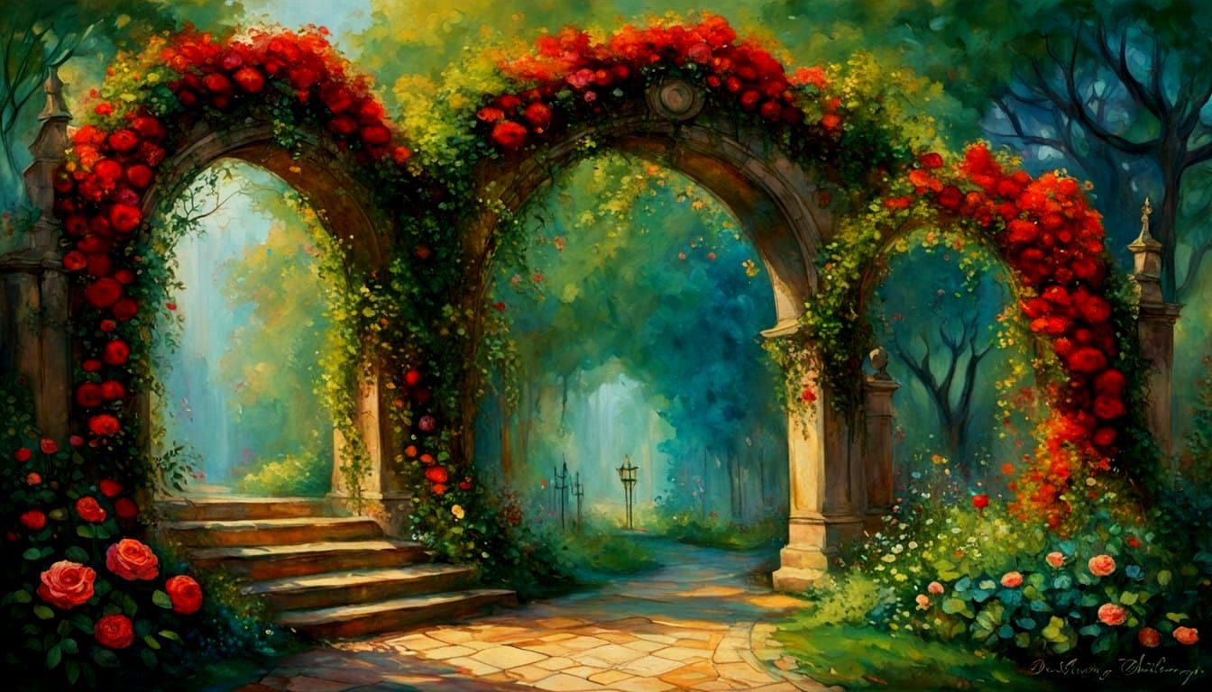 Enchanted Rose Archway in Whimsical Fantasy Garden