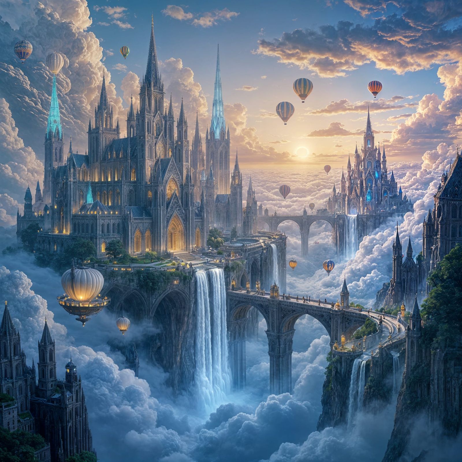 Floating Fantasy City Above Clouds at Sunset