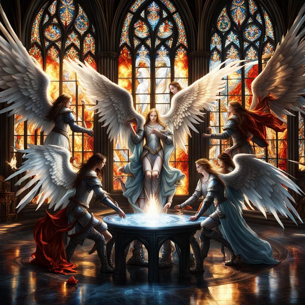 Elemental Angels in Gothic Cathedral: Digital Art