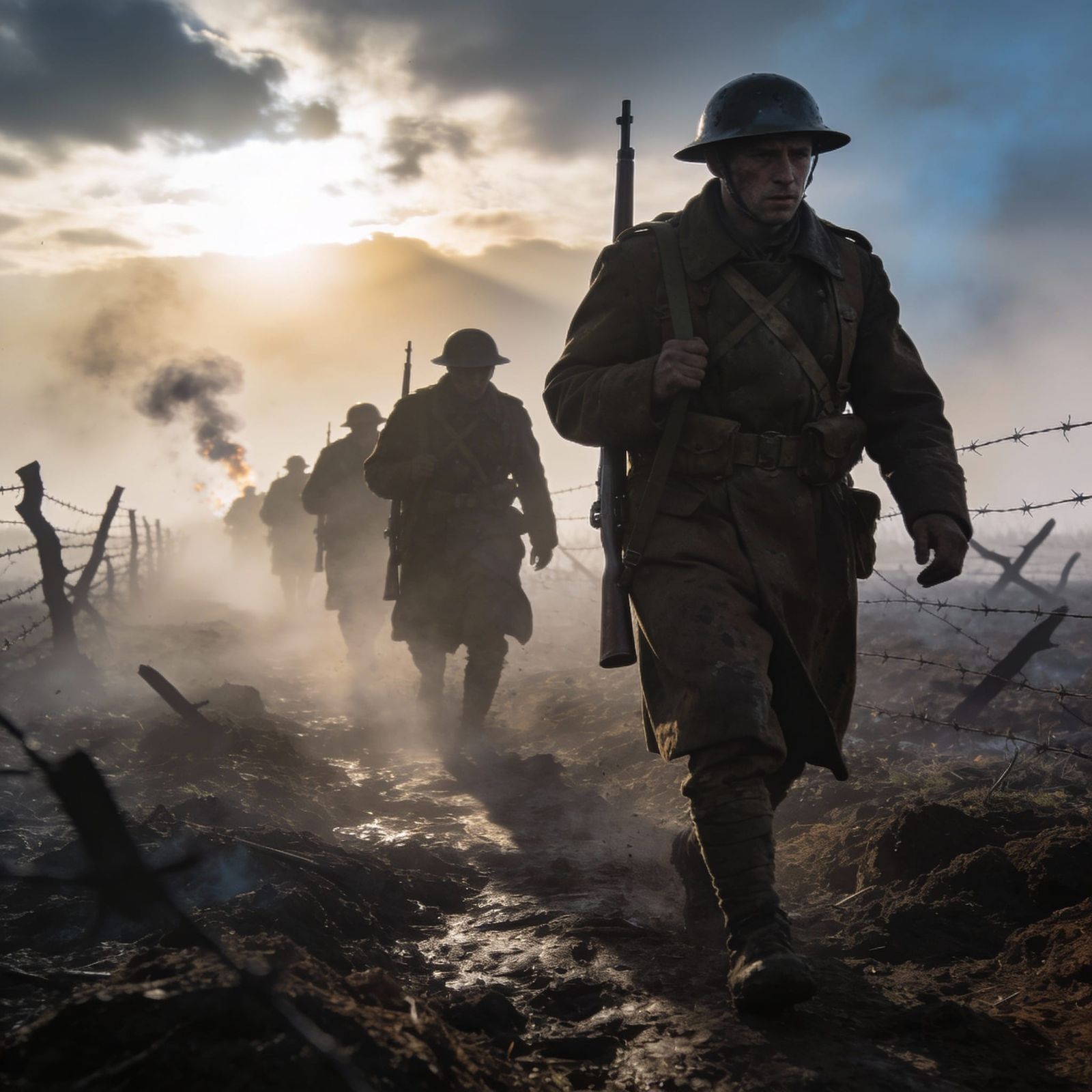 WWI Soldiers Emerge from Fog on Muddy Battlefield