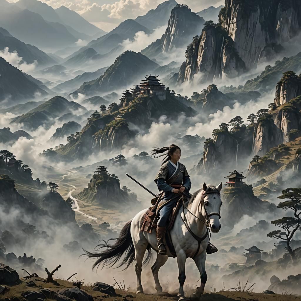 Samurai Woman and White Horse in Asian Mountains