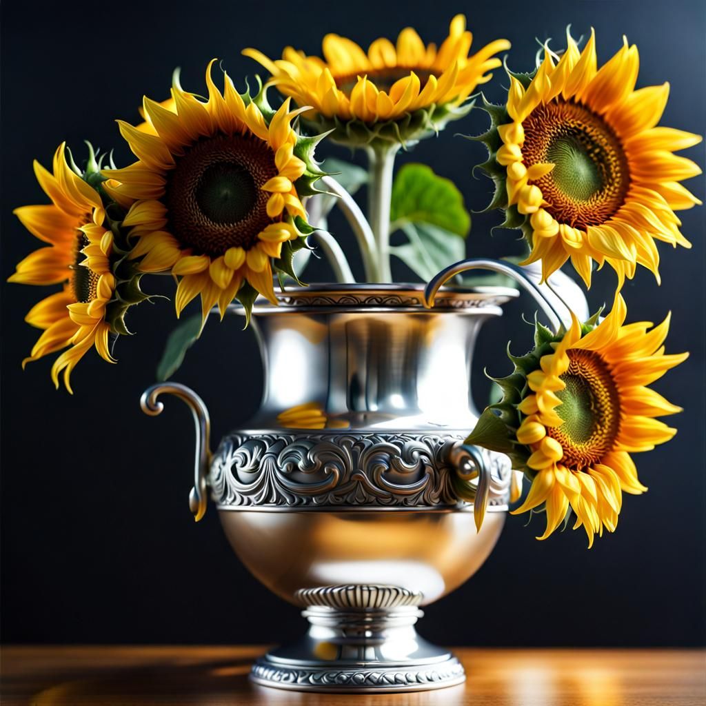 Three Sunflowers in Silver Vase, Professional Photo